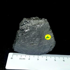 Natural black tourmaline stone photographed from front angle with measurement reference