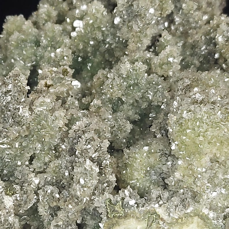 Full view of raw green chalcedony druzy calcite mineral specimen