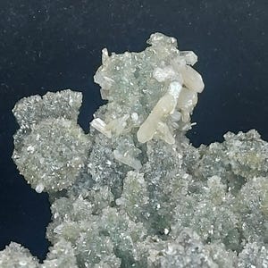 Front view of green chalcedony druzy calcite crystal cluster from India