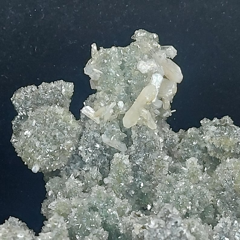 Front view of green chalcedony druzy calcite crystal cluster from India