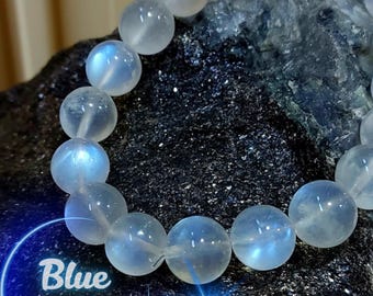 Natural Blue Moonstone Bracelet | 10mm Beaded Gemstone with Blue Flash