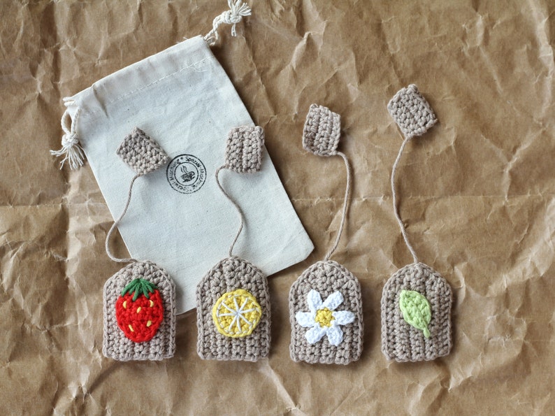 Crochet tea bags for Child's kitchen or markt. Handmade toys for a Tea-party. Eco toys, cotton toys image 2