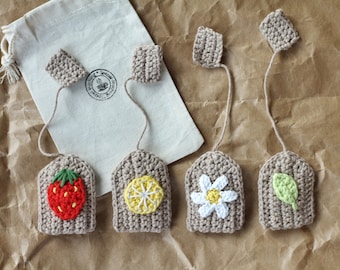 Crochet tea bags for Child's kitchen or markt. Handmade toys for a Tea-party. Eco toys, cotton toys
