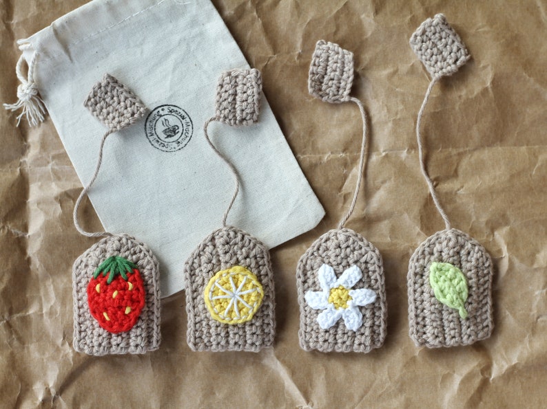 Crochet tea bags for Child's kitchen or markt. Handmade toys for a Tea-party. Eco toys, cotton toys set of 4
