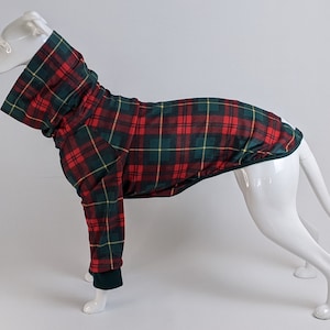 Soft stretch Greyhound, Whippet & Sighthounds jumper / pyjamas in red and green check tartan in 23"-33.5" back lengths