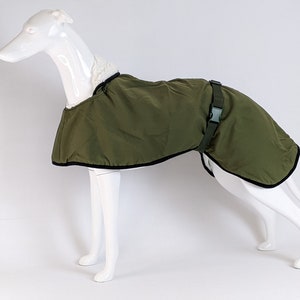 Sherpa lined Greyhound / Whippet / Lurcher water resistant winter coat jacket in khaki green sizes 24-30"