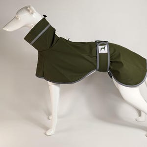 Waterproof lined raincoat for Greyhound / Whippet / Lurcher coat jacket in olive green sizes 18"-32.5" with harness hole