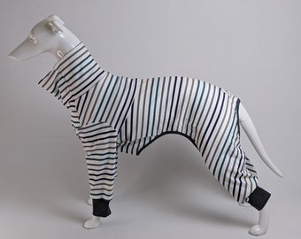 Soft stretch Greyhound, Whippet & Sighthounds 4 legged pyjamas / jumper in blue and grey stripes in 22"-33.5" back lengths