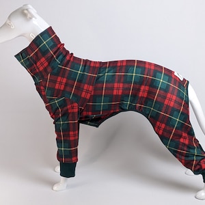 Soft stretch Greyhound Whippet Sighthounds 4 legged Christmas pyjamas / jumper in red & green xmas check tartan in 22"-33.5" back lengths