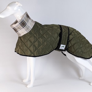 Quilted padded & tartan fleece lined Greyhound / Whippet / Lurcher winter coat jacket in khaki green sizes 24-31" back water resistant