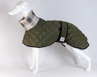 Quilted padded & tartan fleece lined Greyhound / Whippet / Lurcher winter coat jacket in khaki green sizes 24-31" back water resistant