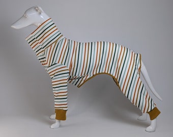 Soft stretch Greyhound, Whippet & Sighthounds 4 legged pyjamas / jumper in Autumn stripes in 22"-33.5" back lengths