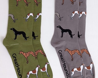 Greyhound / Whippet pattern socks - one size - GREEN or GREY - one size - a perfect gift!