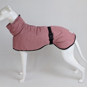 Sherpa fleece lined and padded Greyhound / Whippet / Lurcher winter coat jacket in dusky pink sizes 18"-28"