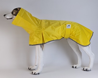 Waterproof yellow snood neck raincoat jacket for Greyhounds, Whippets & Sighthounds 24-31" back length