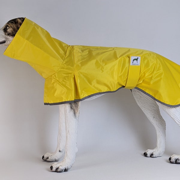 Waterproof yellow snood neck raincoat jacket for Greyhounds, Whippets & Sighthounds 24-31" back length