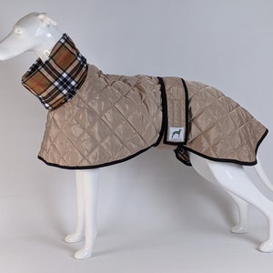 Quilted padded & tartan fleece lined Greyhound / Whippet / Lurcher winter coat jacket in beige sizes 24-31" water resistant