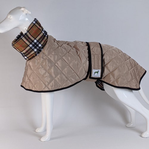 Quilted padded & tartan fleece lined Greyhound / Whippet / Lurcher winter coat jacket in beige sizes 24-31" water resistant