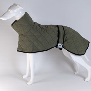 Chaqueta de abrigo de invierno acolchada y forrada de vellón Greyhound / Whippet / Lurcher en verde caqui tallas 24-30"