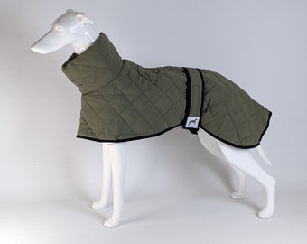 Quilted padded & fleece lined Greyhound / Whippet / Lurcher winter coat jacket in khaki green sizes 24-30"