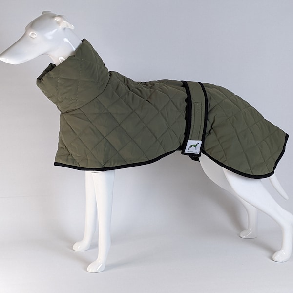 Quilted padded & fleece lined Greyhound / Whippet / Lurcher winter coat jacket in khaki green sizes 24-30"