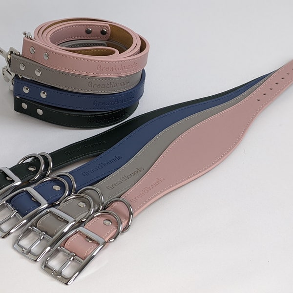 Genuine leather Greyhound collar and lead set with suede lining adjustable 13" - 17.5" pink grey blue dark green