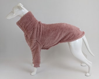 Fluffy fleece soft Greyhound, Whippet & Sighthounds Outlander jumper / pyjamas in dusky pink in 22"-29" back lengths