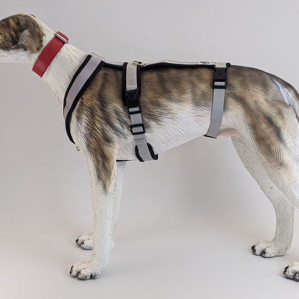 Triple strap grey adjustable Y harness for Greyhounds, large Whippets, Lurchers & Sighthounds - locking clasps and padded straps