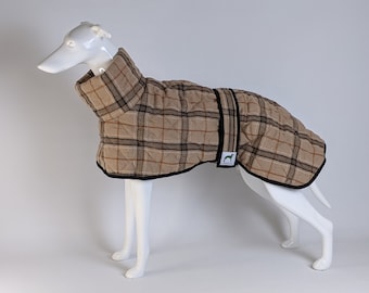 Quilted padded & fleece lined Greyhound / Whippet / Lurcher winter coat jacket in tartan beige sizes 24-30"