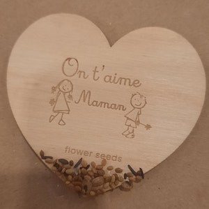 Carte en bois en forme de cœur , à planter , graines a semer avec message gravé , maman , maîtresse