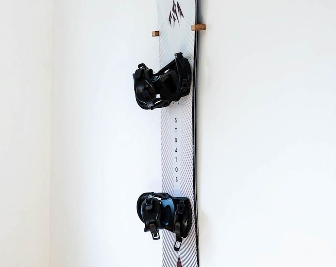 Vertical Snowboard Wall Mount in Solid Oak — Sized to Your Waist Width, Bindings On, Handmade