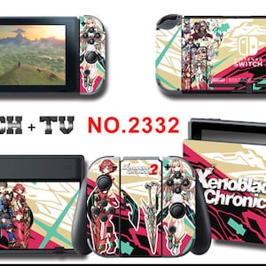 May include: A Nintendo Switch console and accessories featuring a colorful design with characters and the text "Xenoblade Chronicles 2". The set includes the console, Joy-Con controllers, and a dock, all decorated with the game's artwork.