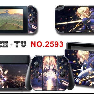 May include: A collection of Nintendo Switch consoles and accessories, featuring custom designs. The consoles display artwork of a character with blonde hair and a blue outfit. The text "SWITCH + TV NO.2593" is visible.