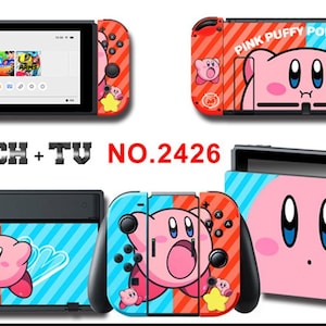 May include: A Nintendo Switch console and accessories featuring a pink Kirby design. The Joy-Con controllers are red and blue with a Kirby graphic. The dock and console have the text "SWITCH + TV NO.2426".