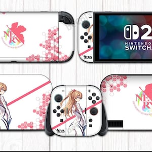 May include: White Nintendo Switch console with custom skin featuring anime artwork. The skin includes a character illustration, pink geometric patterns, and the text "NERV". The screen displays the Nintendo Switch logo.