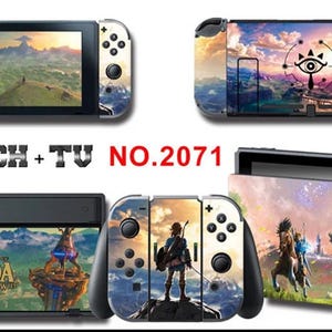 Peut inclure: Plusieurs consoles et accessoires Nintendo Switch avec des designs personnalisés mettant en vedette des paysages et des personnages de The Legend of Zelda. Le texte "SWITCH + TV NO.2071" est visible. Les designs incluent une station d'accueil, des manettes et la console elle-même.
