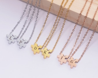 Engraved Initial Puzzle Piece Necklace: Stainless Steel Couple Pendant