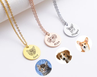 Custom Pet Portrait Necklace: Engraved Dog or Cat Memorial Gift