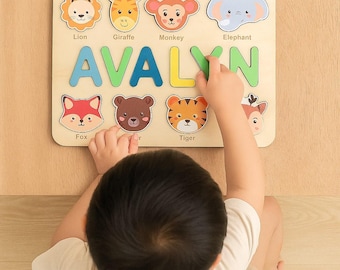 Personalized Wooden Name Puzzle, Animals, Custom Baby Gift