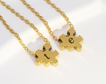 Personalized Puzzle Necklace, Stainless Steel Initial Pendant, Couple Jewelry