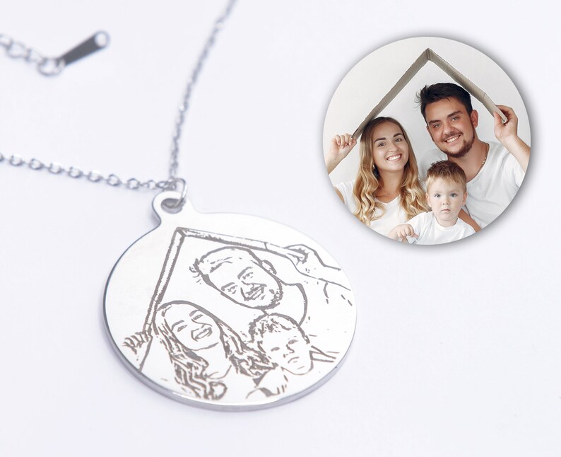 Custom Family Portrait Necklace: Engraved Stainless Steel Pendant - Etsy