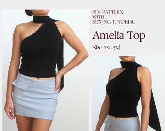 Amelia Top, Scarf Halter Top Sewing Pattern, One Shoulder Scarf Top PDF Pattern Size XS-XXL