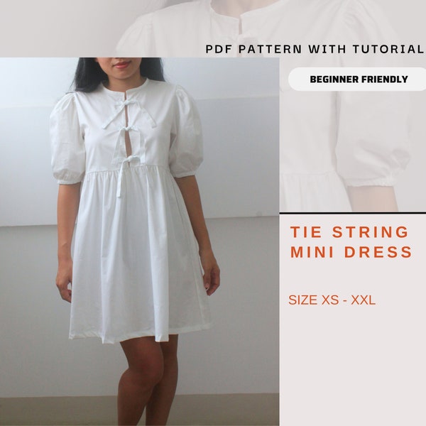 Tie String Minikleid, Puffärmel Kleid Schnittmuster, einfaches Nähen Muster PDF