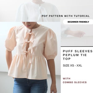 Puff Sleeves Peplum Tie Top, Ganni Top Inspired Sewing Pattern, Front Tie Top PDF Pattern with Combo Sleeves size xs-xxl