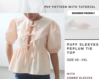 Puff Sleeves Peplum Tie Top, Ganni Top Inspired Sewing Pattern, Front Tie Top PDF Pattern with Combo Sleeves size xs-xxl