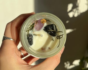 Protection Ritual Candle, Obsidian, Tourmaline & Amethyst