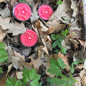 Op de afbeelding: Drie roze theelichtjes met verschillende ontwerpen. De kaarsen liggen op een bed van bruine bladeren en groene planten.