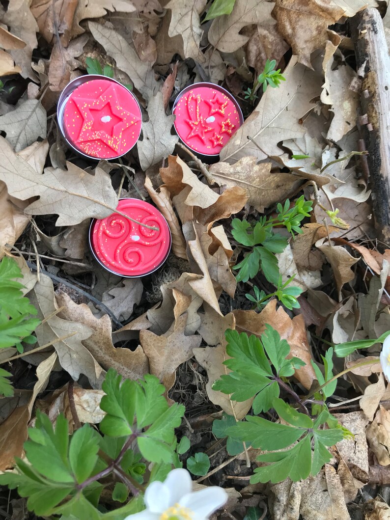 Op de afbeelding: Drie roze theelichtjes met verschillende ontwerpen. De kaarsen liggen op een bed van bruine bladeren en groene planten.
