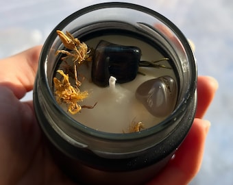 Crystal Candle, Protection, Smokey Quartz, Tiger Eye, Soy Wax