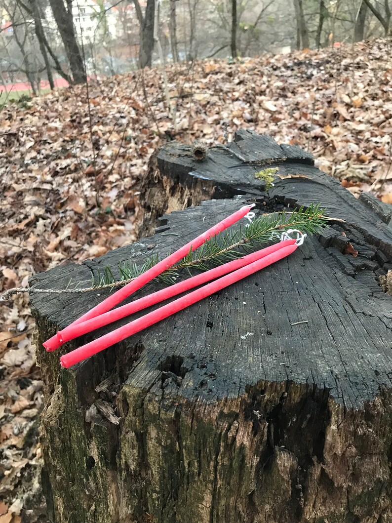 May include: Three bright red taper candles rest on a weathered tree stump, accompanied by a sprig of green pine needles. The candles are thin and cylindrical, with white wicks. The background features a forest setting with fallen leaves.